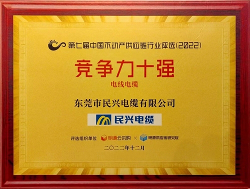 莞企ag亚娱电缆荣登2022年中国不动产供应链行业竞争力十强